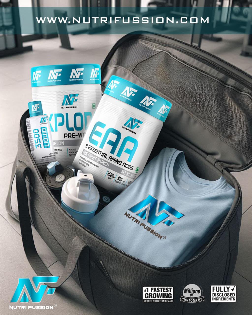 Nutri Fussion Creatine Explode packed in a gym bag